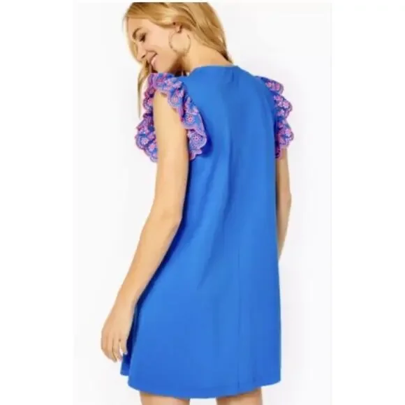LILLY PULITZER Women’s Ave dress Blue with Pink Ruffle Eyelet small - Picture 3 of 6